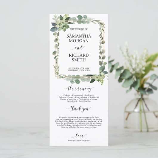 Groene succulente bloemengoud geometrische bruilof programmakaart (Staand voorkant)
