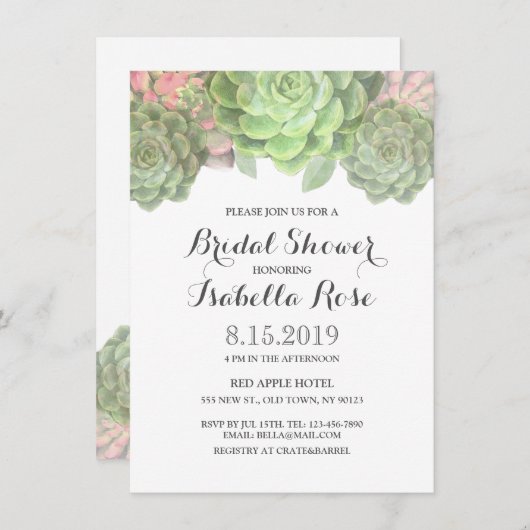 Groene Succulente Bridal Shower Invitations Kaart (Voorkant / Achterkant)