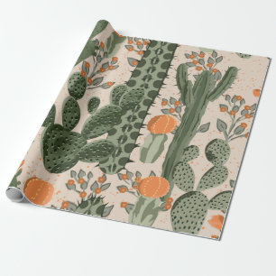 Groene  succulente cactus en oranje bloemen cadeaupapier