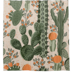 Groene  succulente cactus en oranje bloemen  douchegordijn
