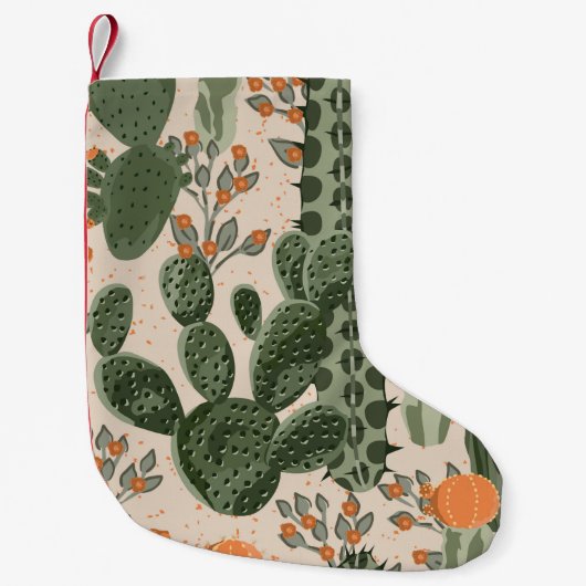 Groene succulente cactus en oranje bloemen kleine kerstsok (Voorkant)