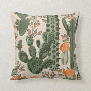 Groene succulente cactus en oranje bloemen kussen