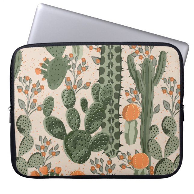 Groene  succulente cactus en oranje bloemen laptop sleeve (Voorkant)