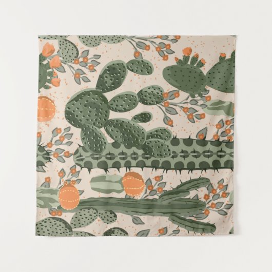 Groene  succulente cactus en oranje bloemen wandkleed (Voorkant (horizontaal))