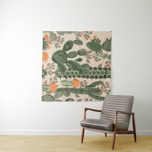 Groene succulente cactus en oranje bloemen wandkleed (In Situ (horizontaal))