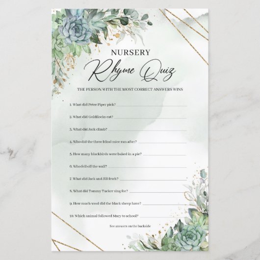 Groene succulente eucalyptus Nursery Rhyme Quiz (Voorkant)