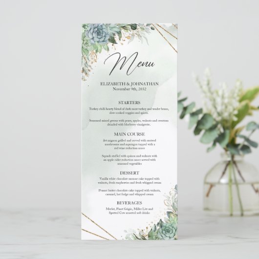 Groene succulente eucalyptusgoud lijst menu (Staand voorkant)