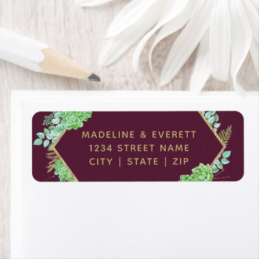 Groene Succulenten Goud Lijst Bruiloft Retouradres Etiket (Insitu)