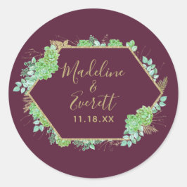 Groene Succulenten Goud Lijst Monogram Bruiloft Ronde Sticker