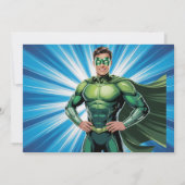 Groene superheld jongens verjaardagsfeestje kaart (Achterkant)