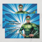Groene superheld jongens verjaardagsfeestje kaart (Voorkant / Achterkant)