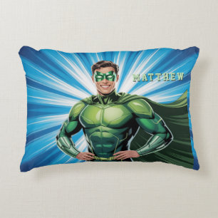 Groene superheldenjongens verjaardagsfeest cadeau accent kussen