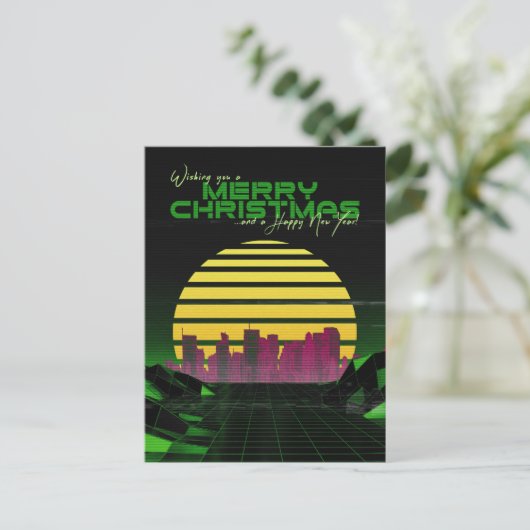 Groene Synthwave Kerstmis Feestdagenkaart (Staand voorkant)