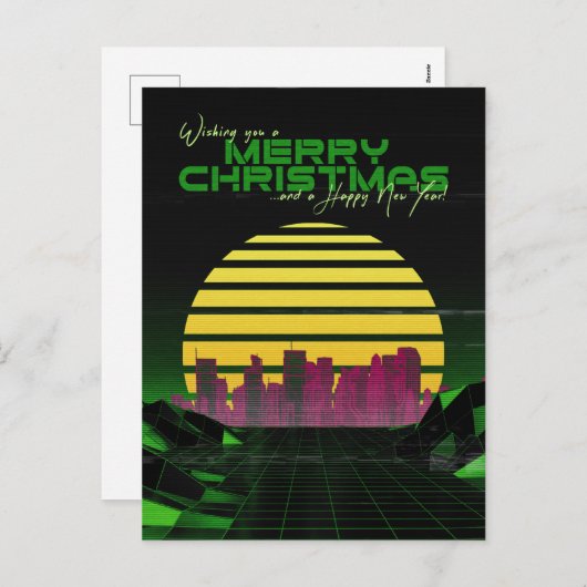 Groene Synthwave Kerstmis Feestdagenkaart (Voorkant / Achterkant)