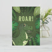 Groene T-rex Dinosaur met Brul Tekst Verjaardagsfe Kaart (Staand voorkant)