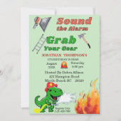 Groene T Rex Firemans 4e uitnodiging voor geboorte (Voorkant)