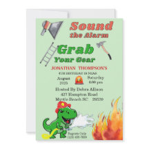 Groene T Rex Firemans 4e uitnodiging voor geboorte
