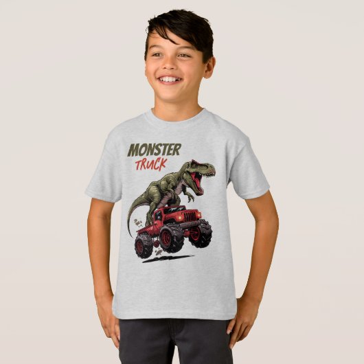 Groene T-Rex Rode Monster Truck Kinder T-shirt (Voorkant volledig)