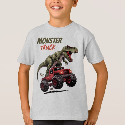 Groene T-Rex Rode Monster Truck Kinder T-shirt (Voorkant)
