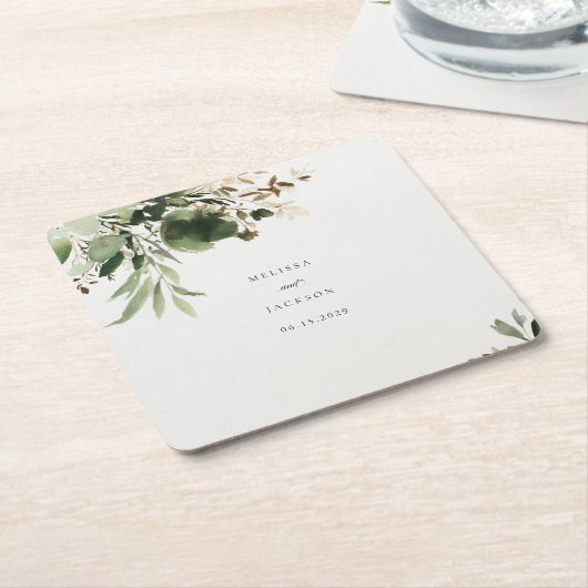 Groene takken bruiloft kartonnen onderzetters (Schuin)
