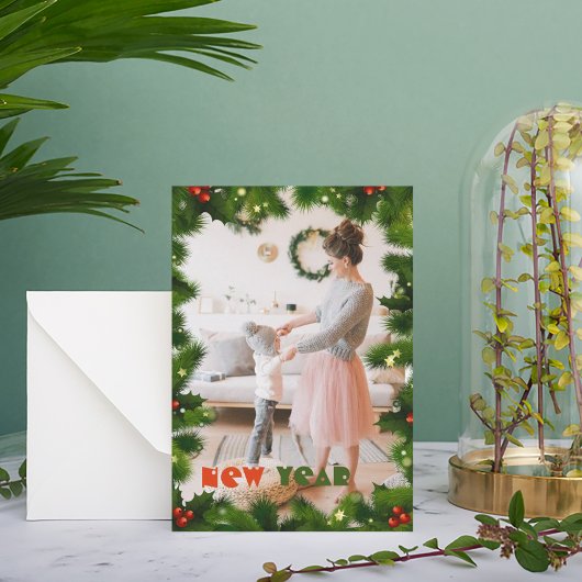 Groene takken één kerstkaart met foto's