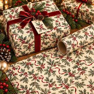 Groene takken en rode linten botanische feestdagen cadeaupapier