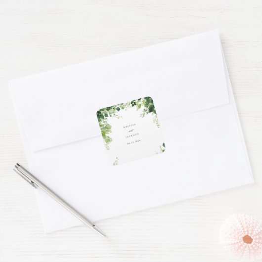 Groene takken grens bruiloft vierkante sticker (Envelop)