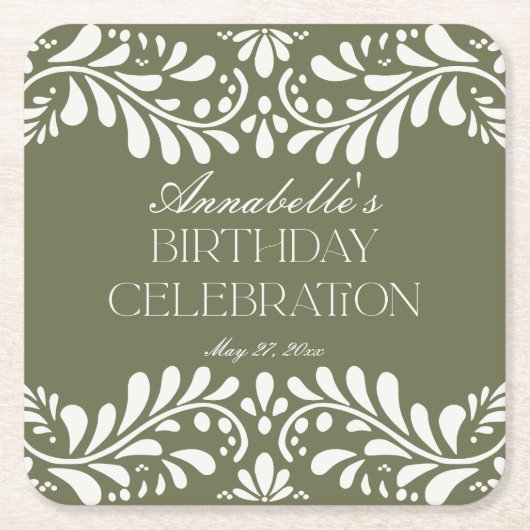 Groene Talavera Tegel Spaans Fiesta Verjaardagsfee Kartonnen Onderzetters (Voorkant)