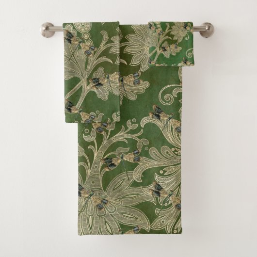  groene Tan Damask Floral Dragonflies Bad Handdoek (Insitu)
