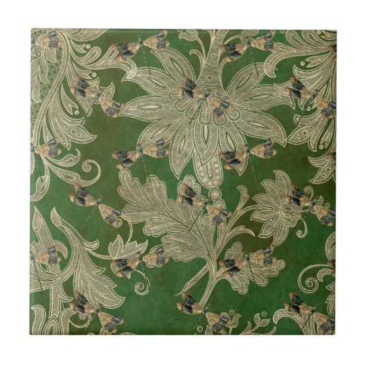  groene Tan Damask Floral Dragonflies Tegeltje (Voorkant)