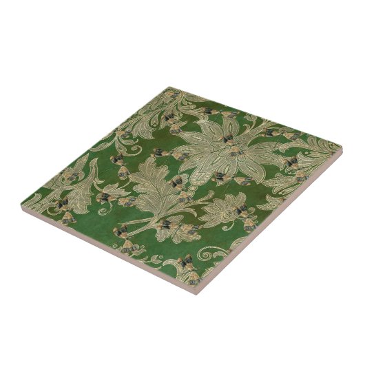  groene Tan Damask Floral Dragonflies Tegeltje (Zijkant)