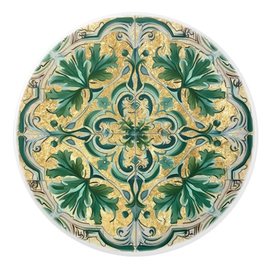 Groene Tan Gold Look Talavera Azulejo Tegel Keramische Knop (Voorkant)