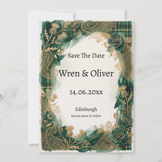 Groene Tartan Distel Roze Gouden Bewaar De Datum K Save The Date (Voorkant)