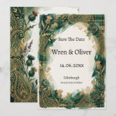 Groene Tartan Distel Roze Gouden Bewaar De Datum K Save The Date (Voorkant / Achterkant)