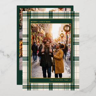 Groene Tartan Frame Prettig Kerstmis Familie Foto Folie Feestdagenkaart