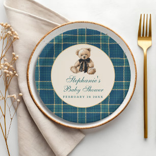 Groene tartan geruite vintage teddybeer babyshower papieren bordje