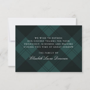 Groene Tartan Klassieke Rouwbetuiging Bedankt Kaart