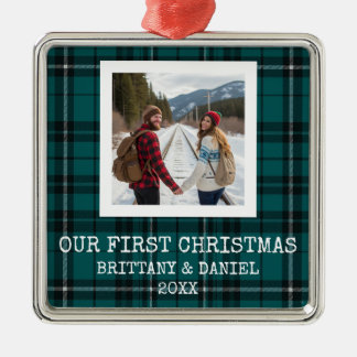 Groene Tartan Onze Eerste Kerstmis Metalen Ornament