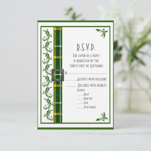 Groene tartan plaid bruiloft R.S.V.P RSVP Kaartje (Staand voorkant)