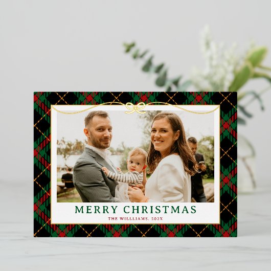  Groene Tartan Plaid Foto Kerst Folie Feestdagenkaart (Staand Voorkant)