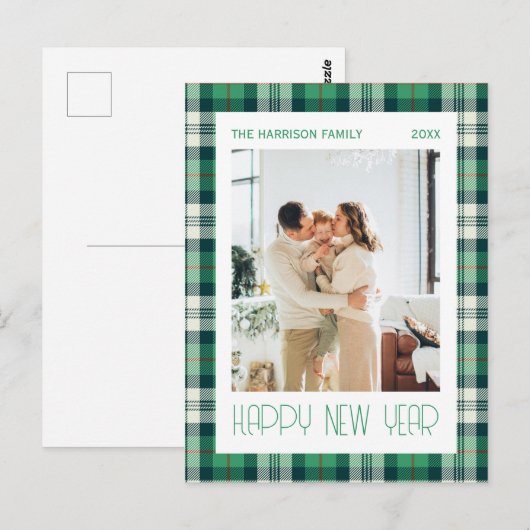 Groene Tartan Plaid Gelukkig Nieuwjaar Foto Briefkaart (Voorkant / Achterkant)