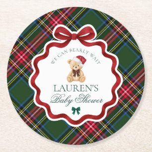 Groene Tartan Plaid Kerstbeer Baby Shower Ronde Kartonnen Onderzetter