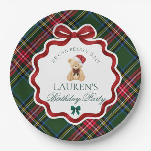 Groene Tartan Plaid Kerstbeer Verjaardagsfeestje Papieren Bordje
