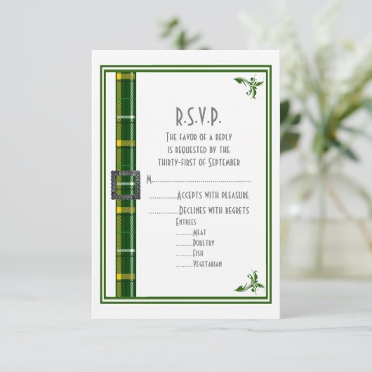 Groene tartan plaid lint bruiloft R.S.V.P RSVP Kaartje (Staand voorkant)