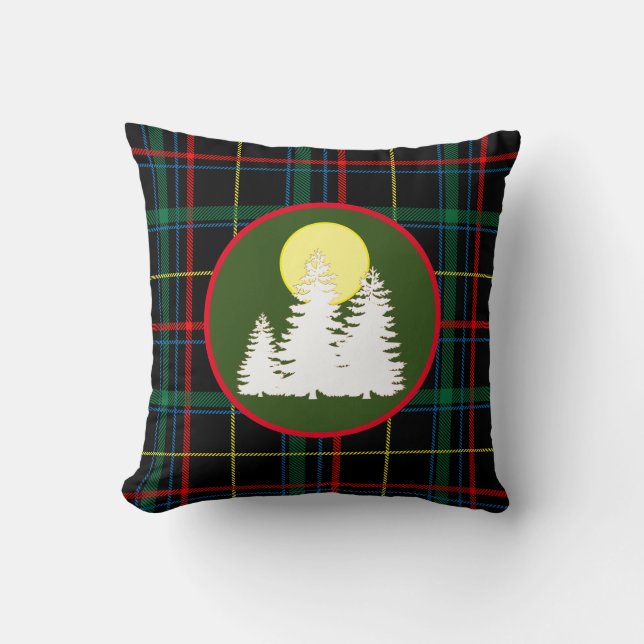 Groene Tartan Plaid Met Pine Tree Silhouet Th Kussen (Voorkant)