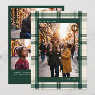 Groene Tartan Plaid Prettig Kerstmis Familie Foto Feestdagenkaart