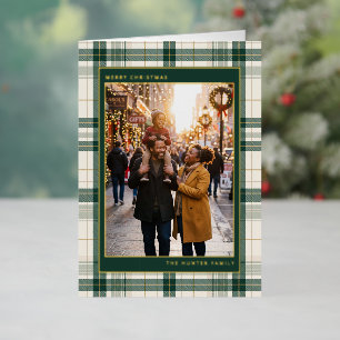 Groene Tartan Plaid Prettig Kerstmis Familie Foto Folie Feestdagenkaart