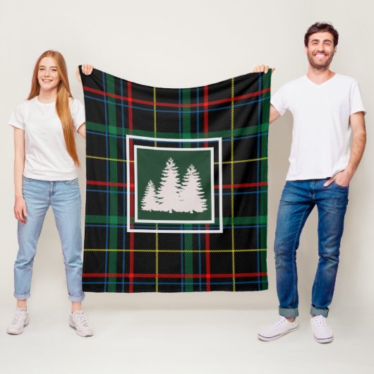 Groene Tartan Plaid & Witte dennenboom Silhouet Fleece Deken (In situ)
