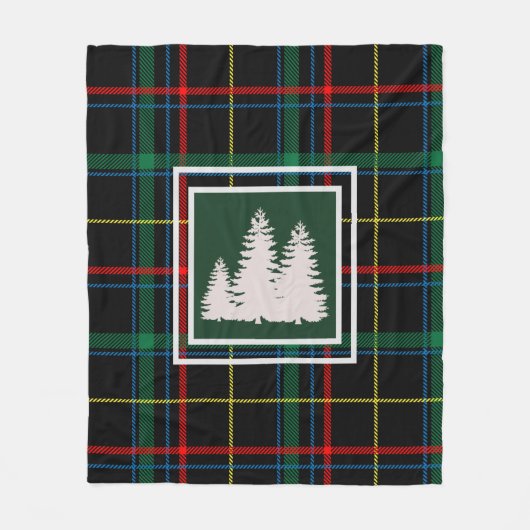 Groene Tartan Plaid & Witte dennenboom Silhouet Fleece Deken (Voorkant)