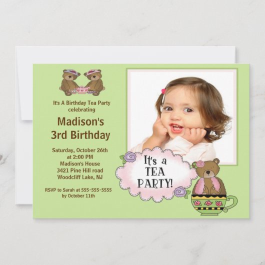 Groene Tea Party Foto van Birthday Party Kaart (Voorkant)